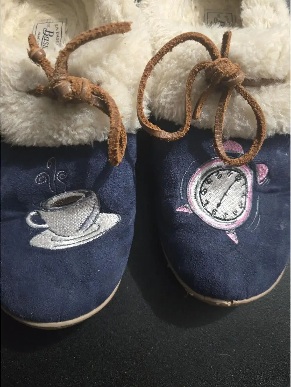 G.H. Bass & Co. Blue Suede Moccasin Slippers with Coffee & Alarm Clock Size 8M